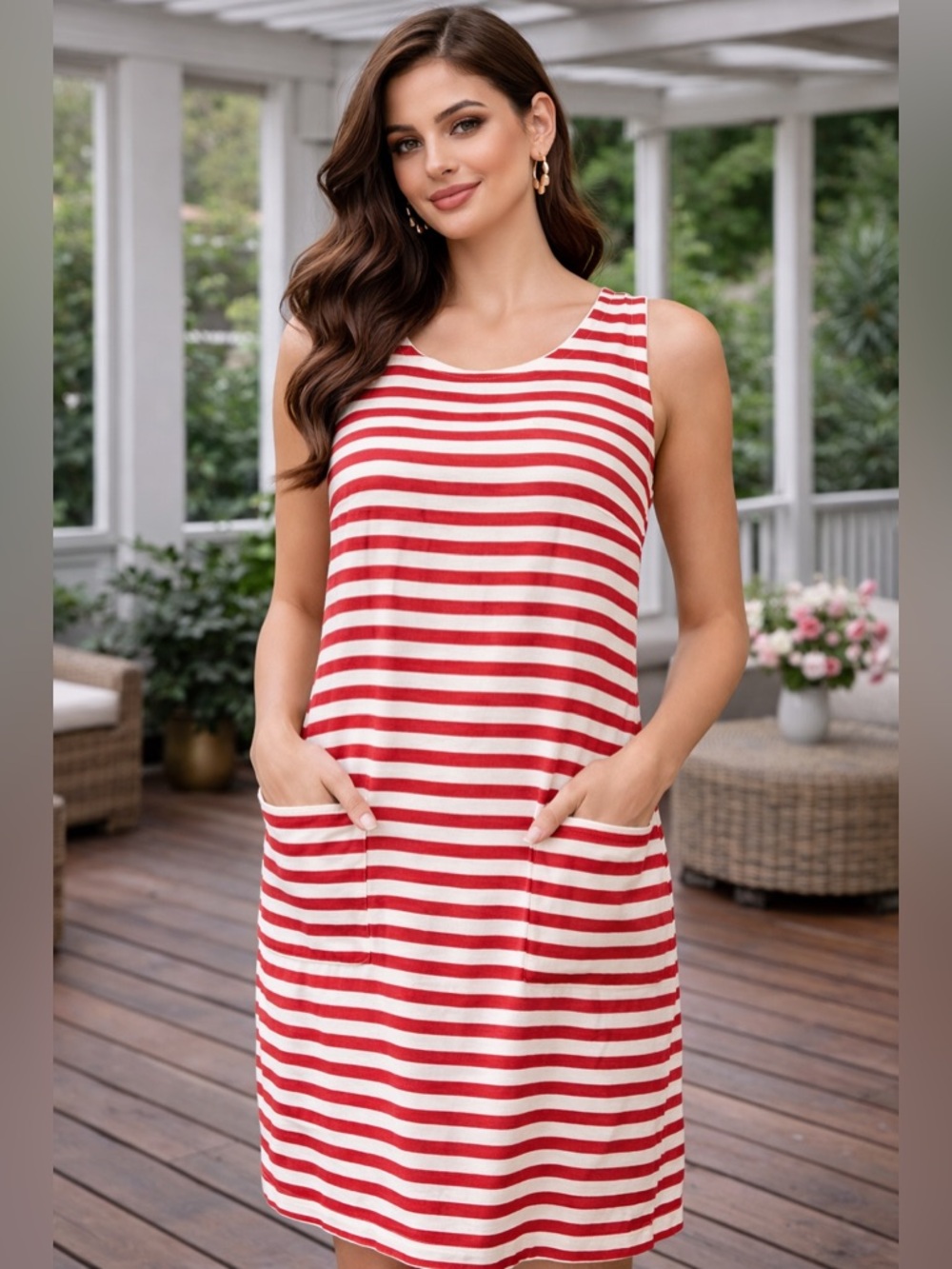 S Max Mara Striped Sleeveless Dress Red White Nautical Pockets Casual Chic